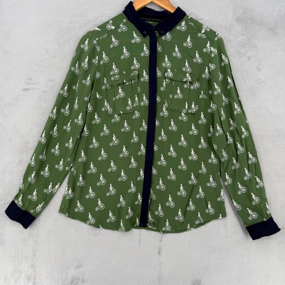Maeve Anthropologie Shirt Womens 4 Green Bicycle Print Button Down Navy Trim